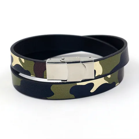 Camouflage Double Wrap PU Leather Bracelet With Stainless Steel Magnetic Buckle For Men Women Military Casual Jewelry