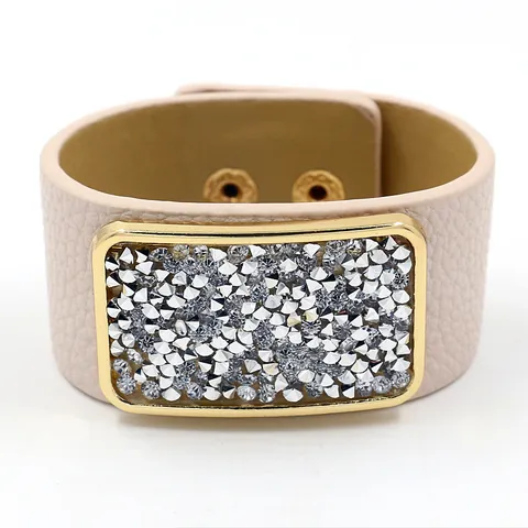 Fashion Wide PU Leather Cuff Bracelet For Women With Square Rhinestone Inlaid Gold Alloy Frame Personalized Party Jewelry