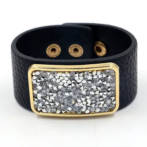 Fashion Wide PU Leather Cuff Bracelet For Women With Square Rhinestone Inlaid Gold Alloy Frame Personalized Party Jewelry
