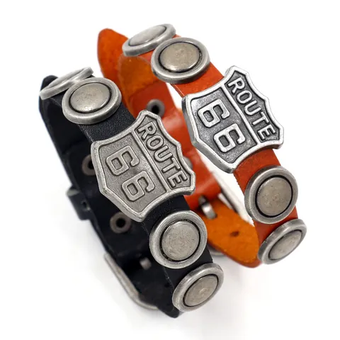 Retro Heren Rundleer Armband Punk Rock Route 66 Schild Vintage Legering Klinknagel Verstelbaar Biker Armband Sieraden Cadeau