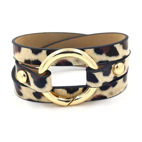 Dames Luipaardprint Wikkelarmband PU Leer Legering Goud Ronde Ring Gesp Met Klinknagels Boho Mode Sieraden Polsband