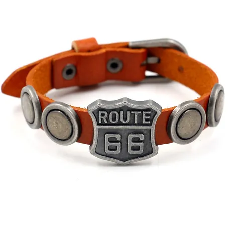 Retro Heren Rundleer Armband Punk Rock Route 66 Schild Vintage Legering Klinknagel Verstelbaar Biker Armband Sieraden Cadeau