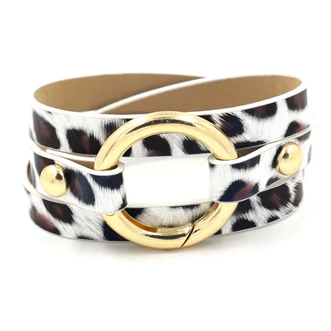 Dames Luipaardprint Wikkelarmband PU Leer Legering Goud Ronde Ring Gesp Met Klinknagels Boho Mode Sieraden Polsband