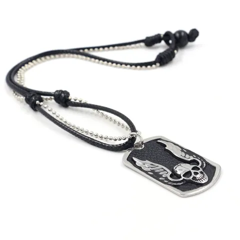 Men's Hip Hop Skull Wings Dog Tag Pendant Necklace Double Layer Alloy Metal Bead Chain Wax Cord Retro Punk Jewelry