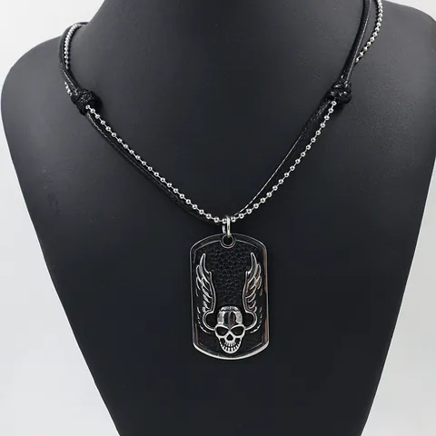 Men's Hip Hop Skull Wings Dog Tag Pendant Necklace Double Layer Alloy Metal Bead Chain Wax Cord Retro Punk Jewelry
