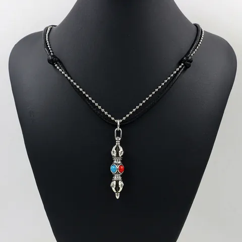 Vintage Ethnic Alloy Pendant Necklace For Men Antique Silver Turquoise Vajra Wolf Head Horn Woven Cord Chain Adjustable Jewelry