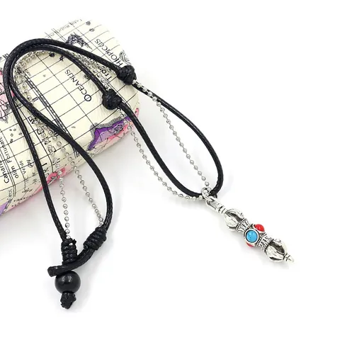 Vintage Ethnic Alloy Pendant Necklace For Men Antique Silver Turquoise Vajra Wolf Head Horn Woven Cord Chain Adjustable Jewelry