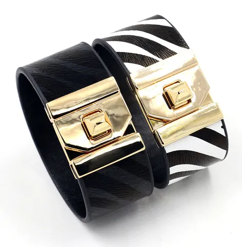 Mode PU Leer Brede Manchet Armband Met Gouden Metalen Slot Zebraprint Effen Legering Armband Voor Vrouwen Sieraden