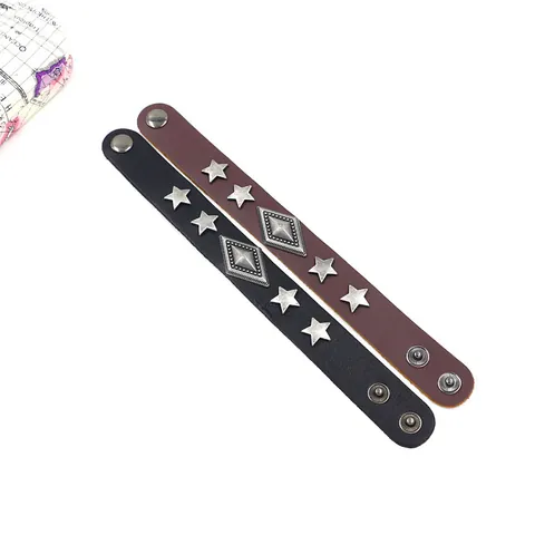 Pulsera de Cuero de Vaca para Hombre Punk Hip Hop Geométrica Rombos Estrellas Remaches Aleación Vintage Pulsera de Puño Ancho