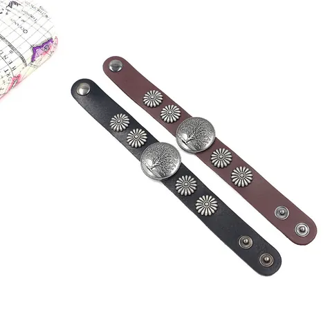 Pulsera de Brazalete Ancho de Cuero de Vaca Retro para Hombre Árbol De La Vida Punk Remache Aleación Joyería De Mano