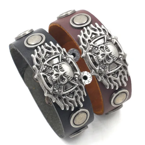 Vintage Punk Leather Bracelet Wide Alloy Skull Flame Rivet Gothic Rock Bangle Jewelry Retro Distressed Men Wristband