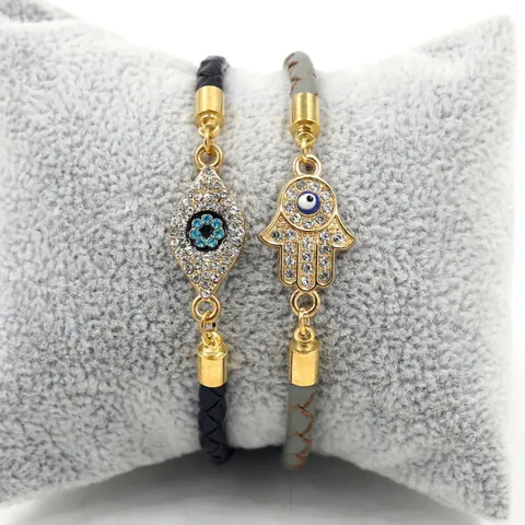 Boheems Hand Van Fatima Boze Oog Gevlochten Leren Armband Vergulde Legering Strass Verstelbare Sieraden Voor Dames En Heren