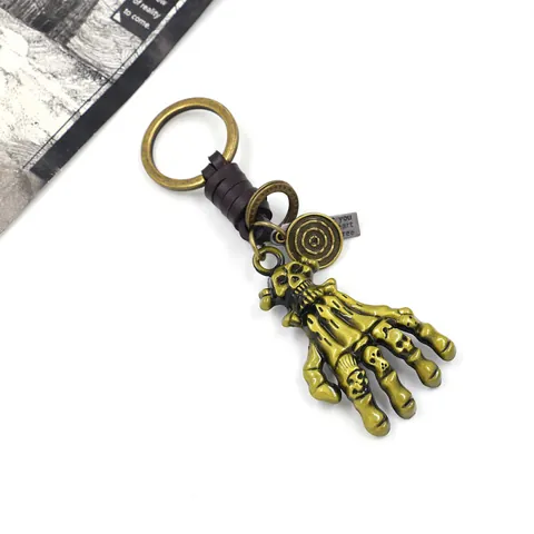 Porte-clés Main de Squelette Punk Vintage Métal Crâne Palmier Avec Cordon en Cuir Gris Fusil Bronze Pendentif Sac