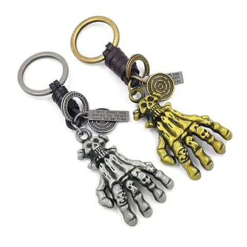 Porte-clés Main de Squelette Punk Vintage Métal Crâne Palmier Avec Cordon en Cuir Gris Fusil Bronze Pendentif Sac