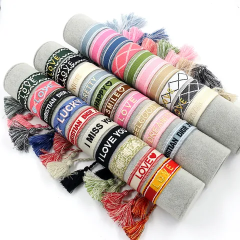Woven Embroidery Tassel Friendship Bracelet For Women Men Adjustable Ethnic Bohemian Webbing Rivet Letter Heart Pattern Wristband Jewelry