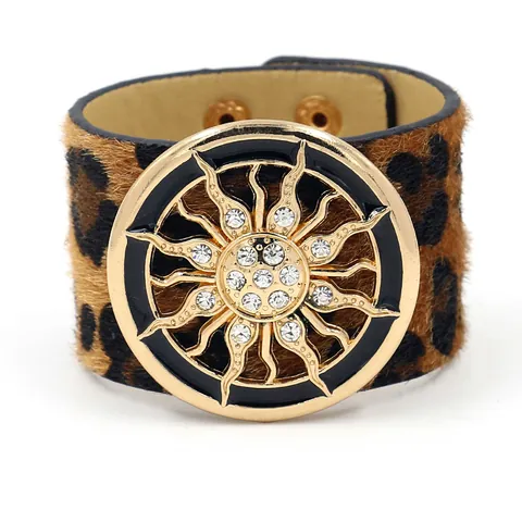 Women Leopard Print PU Leather Wide Cuff Bracelet Gold Metal Sunburst Inlaid Rhinestone Bohemian Fashion Wristband Jewelry