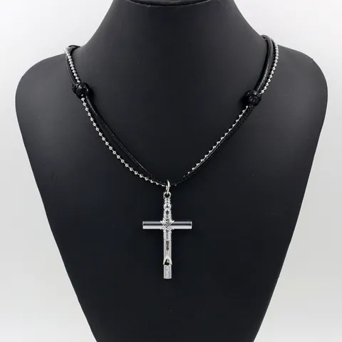 Punk Cross Whistle Pendant Necklace For Men Women Double Layer Wax Cord Bead Chain Gothic Streetwear Hip Hop Alloy Jewelry Gift