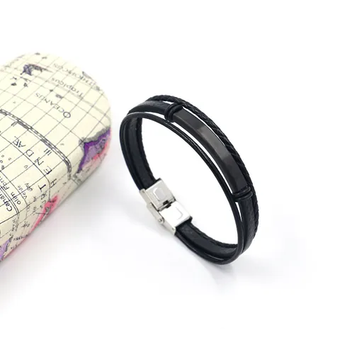 Men's Multi-layer Leather Stainless Steel Bracelet Braided Rope Bangle With Geometric Metal Plate Personalized Jewelry Gift