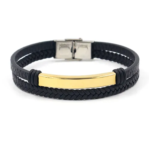 Pulsera de Cuero Multicapa para Hombre Con Placa de Metal de Acero Inoxidable Pulido Pulsera de Cuerda Trenzada Joyería Casual