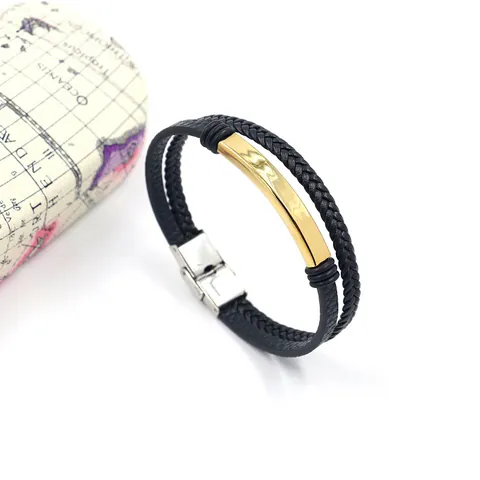 Pulsera de Cuero Multicapa para Hombre Con Placa de Metal de Acero Inoxidable Pulido Pulsera de Cuerda Trenzada Joyería Casual