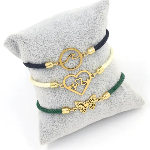 Verstelbare Roestvrij Stalen Geweven Koord Armband Goud Hart Vlinder Ster Letter Bedeltje Sieraden Cadeau Voor Vrouwen Mannen