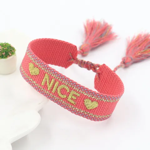 Bohemian Embroidered Woven Friendship Bracelet With Tassels Polyester Nice Smile Love Letter Pattern Adjustable Wristband For Women Teens