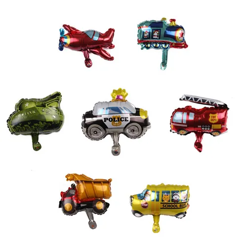 Mini Transportation Aluminum Foil Balloons Cartoon Car Airplane Train Tank Police Car School Bus Fire Truck For Kids Birthday Party Decoration
