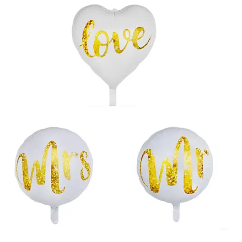 Round Heart White Gold Foil Balloons Mr Mrs Love Lettering For Wedding Anniversary Engagement Party Decorations