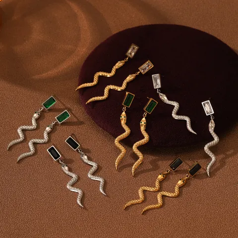 Vintage Schlangenform Edelstahl Ohrringe Quadratische Zirkonia Ohrhänger Für Damen Mode Schmuck Schlangen Ohrringe