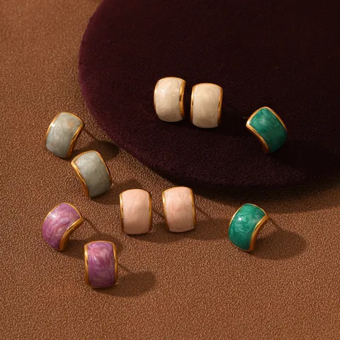 Orecchini a Bottone in Acciaio Inossidabile Smalto Marmorizzato Vintage Francese per Donna Placcati Oro Forma a C Gioielli