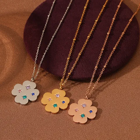 Collier Pendentif Pétale de Fleur en Cristal Coloré Acier Inoxydable Chaîne à Billes Pour Femme Cadeau Minimaliste