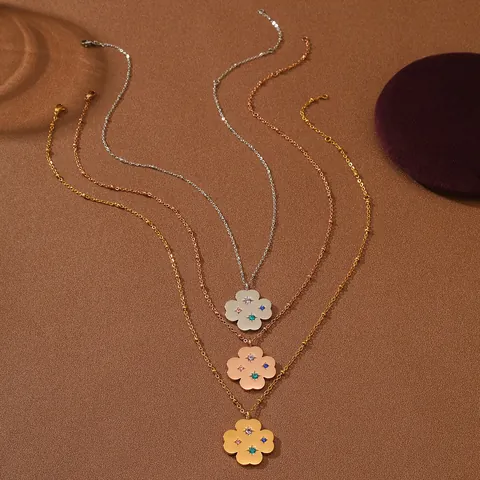 Collier Pendentif Pétale de Fleur en Cristal Coloré Acier Inoxydable Chaîne à Billes Pour Femme Cadeau Minimaliste