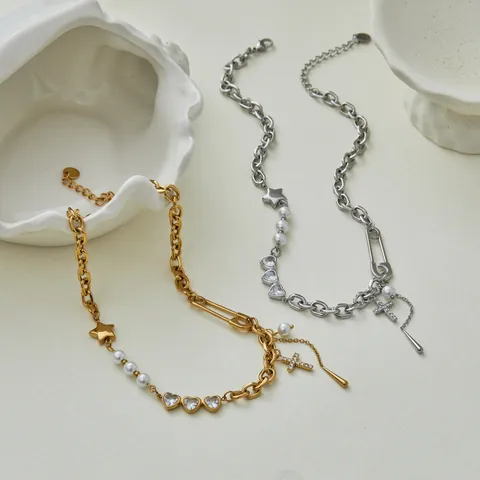 Mode Edelstahl Herz Stern Kreuz Anhänger Halskette Mit Künstlichen Künstliche Perlen Sicherheitsnadel Design Schmuck Für Damen