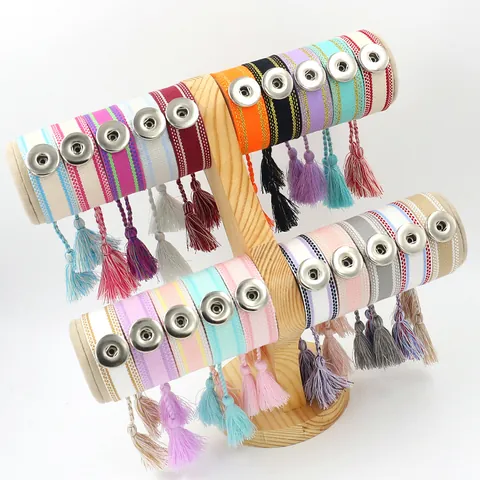 Boheemse Geweven Gevlochten Armband Met Metalen Drukknop Etnische Stijl Kwastje Verstelbare Polsband Sieraden Voor Dames Heren