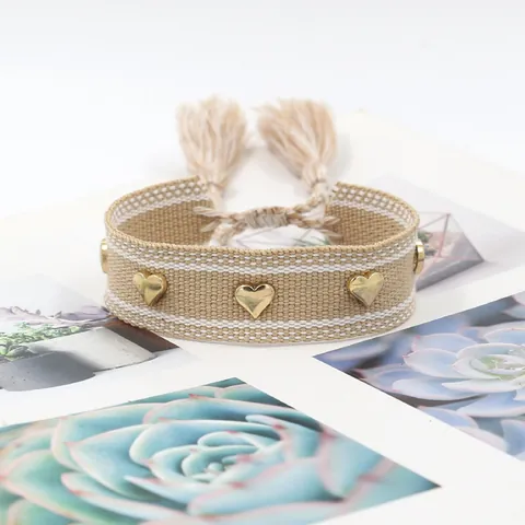Bohemian Handmade Woven Bracelet For Women Adjustable Tassel Friendship Wristband Gold Heart Metal Studs Ethnic Style Fashion Jewelry