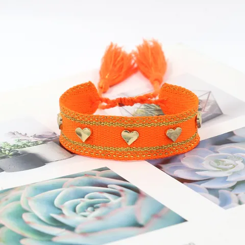 Boheems Handgeweven Polyester Armband Legering Hart Studs Kwastjes Verstelbare Vriendschapsarmband Vrouwen Sieraden