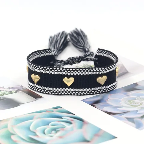 Bohemian Handmade Woven Bracelet For Women Adjustable Tassel Friendship Wristband Gold Heart Metal Studs Ethnic Style Fashion Jewelry