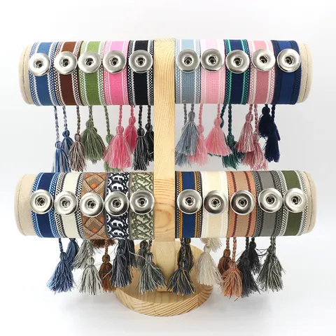 Boheemse Gevlochten Polyester Armband Met Kwastje Drukknop Etnische Geometrische Geweven Polsband Verstelbare Sieraden Unisex