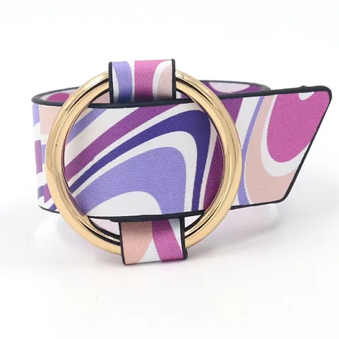 Trendy Wide PU Leather Bracelet For Women Colorful Wave Pattern Adjustable Hand Cuff With Gold Metal Round Ring Jewelry