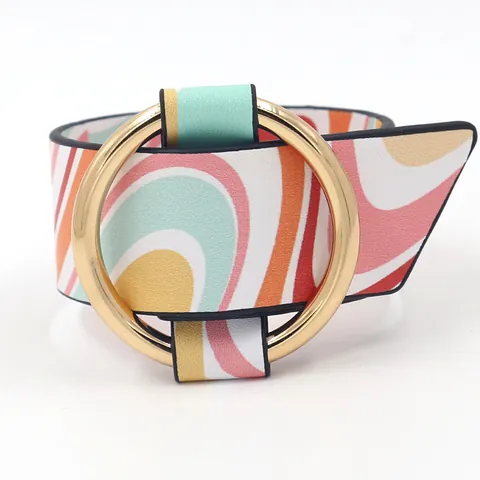 Trendy Wide PU Leather Bracelet For Women Colorful Wave Pattern Adjustable Hand Cuff With Gold Metal Round Ring Jewelry