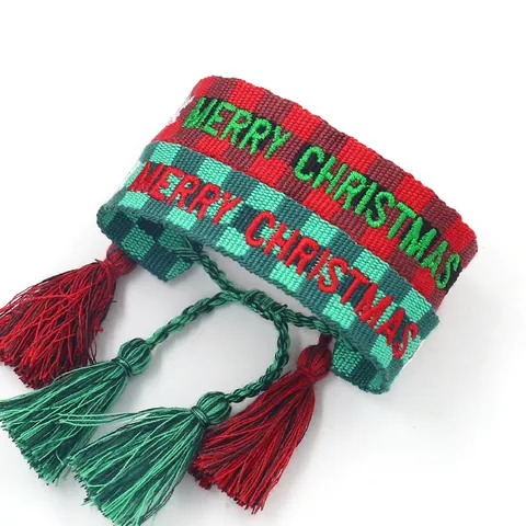 Embroidered Woven Friendship Bracelet With Tassel Merry Christmas Love Letter Pattern Adjustable Fabric Wristband Jewelry Gift