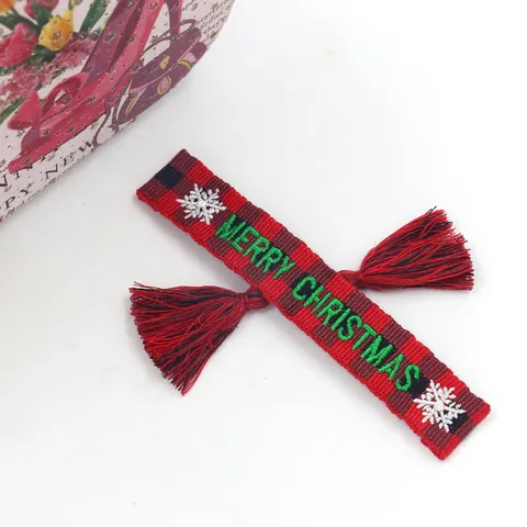 Embroidered Woven Friendship Bracelet With Tassel Merry Christmas Love Letter Pattern Adjustable Fabric Wristband Jewelry Gift