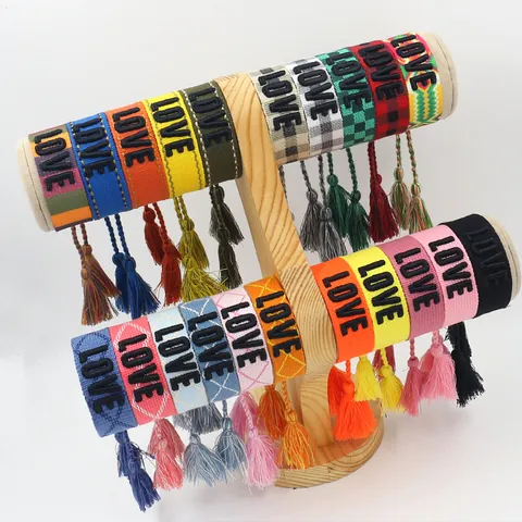 Woven Friendship Bracelet Polyester Embroidered LOVE Letter Adjustable Tassel Wristband Bohemian Ethnic Style Unisex Jewelry