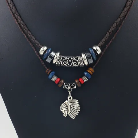 Tribal Ethnic Double Layer Woven Leather Rope Necklace Men Women Indian Chief Pendant Vintage Beaded Clavicle Chain Jewelry