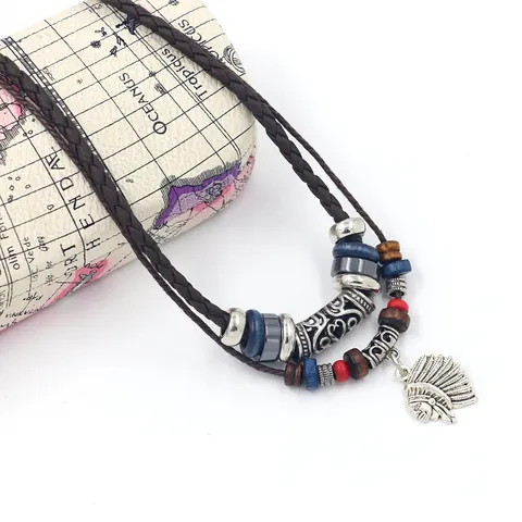 Tribal Ethnic Double Layer Woven Leather Rope Necklace Men Women Indian Chief Pendant Vintage Beaded Clavicle Chain Jewelry