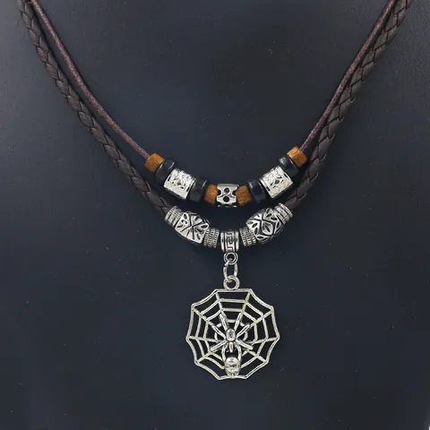 Collar con Colgante de Araña y Telaraña Gótica Vintage Doble Capa Cordón Encerado Cuentas de Madera Punk Halloween Joyería para Hombre