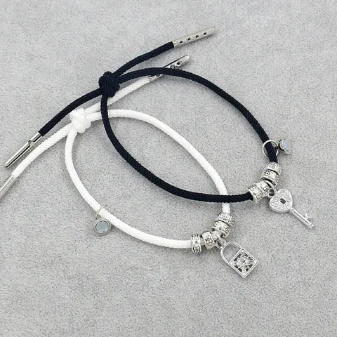 Magnetic Attraction Couple Woven Rope Bracelet Set Alloy Rhinestone Heart Lock Key Pendant Adjustable Milan Cord Friendship Jewelry