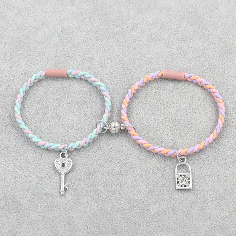 Magnetic Braided Cord Friendship Bracelet Set With Alloy Rhinestone Lock Key Heart Butterfly Star Charm For Couples Women
