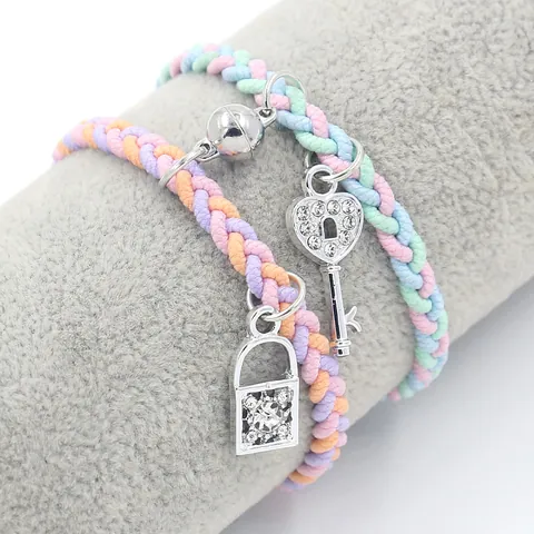 Magnetic Braided Cord Friendship Bracelet Set With Alloy Rhinestone Lock Key Heart Butterfly Star Charm For Couples Women