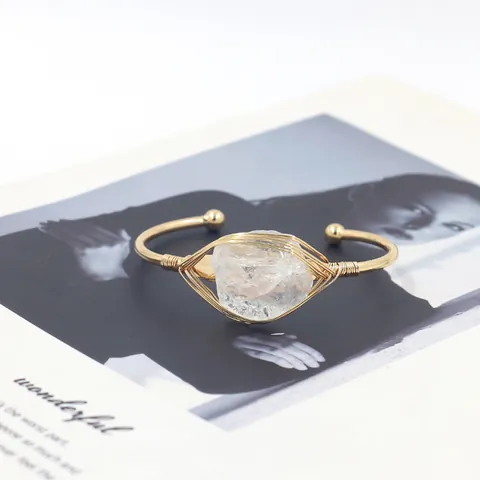 Brazalete de Alambre Envuelto en Piedra en Bruto Natural para Mujer Forma de C Abierta Joyería de Aleación de Cobre Estilo Bohemio